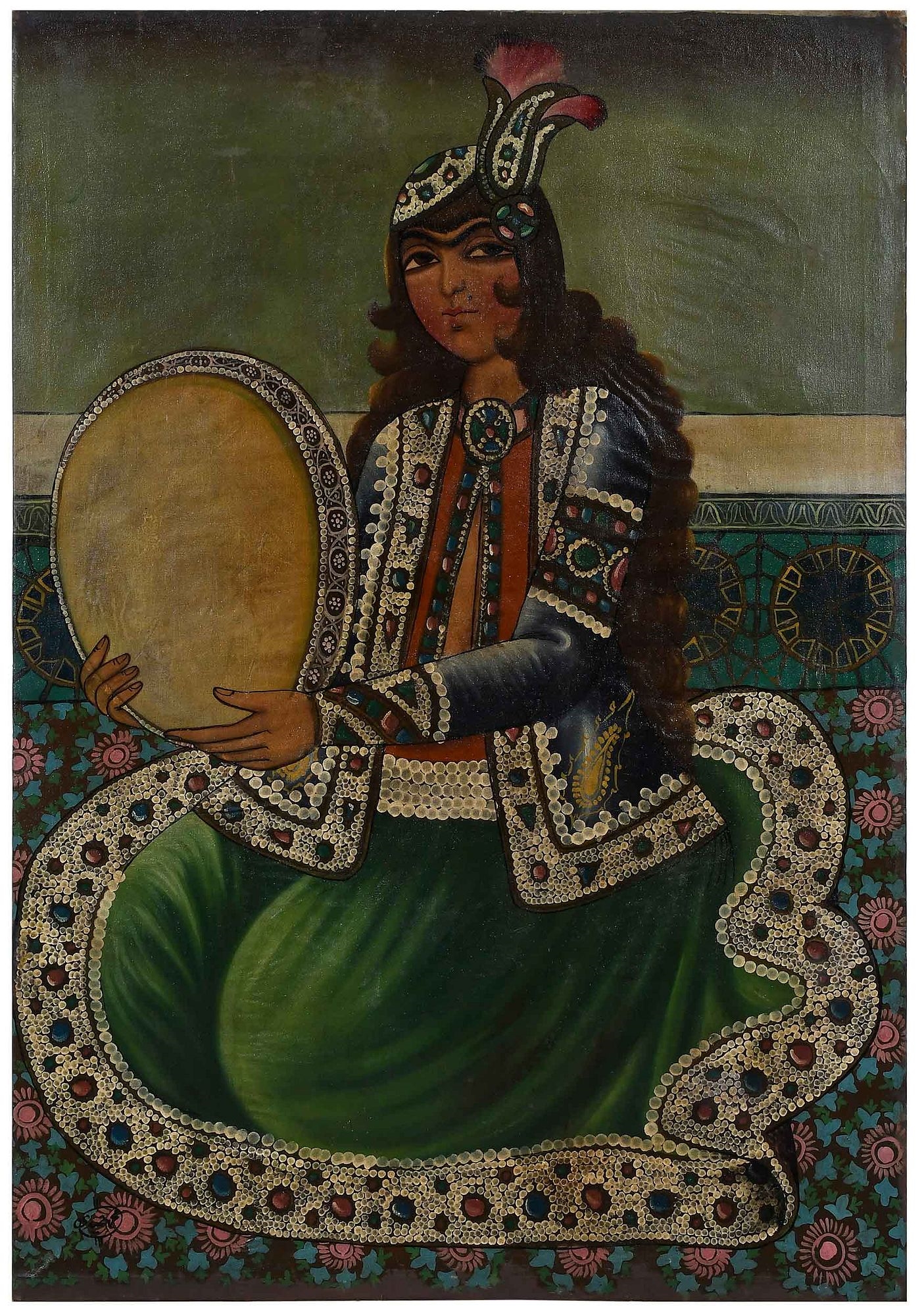 Artwork by Persian School, 19th Century, A Woman with a Tambourine, Made of oil on canvas