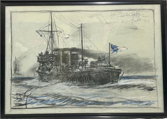 A pastel/ charcoal sketch of a steamship at sea by Bernard Finegan Gribble, 1914