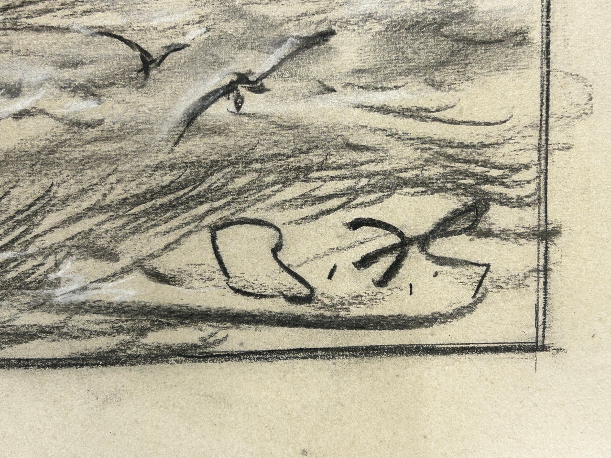 Artwork by Bernard Finegan Gribble, A pastel/ charcoal sketch of two ships and an aeroplane at sea, Made of pastel/ charcoal sketch