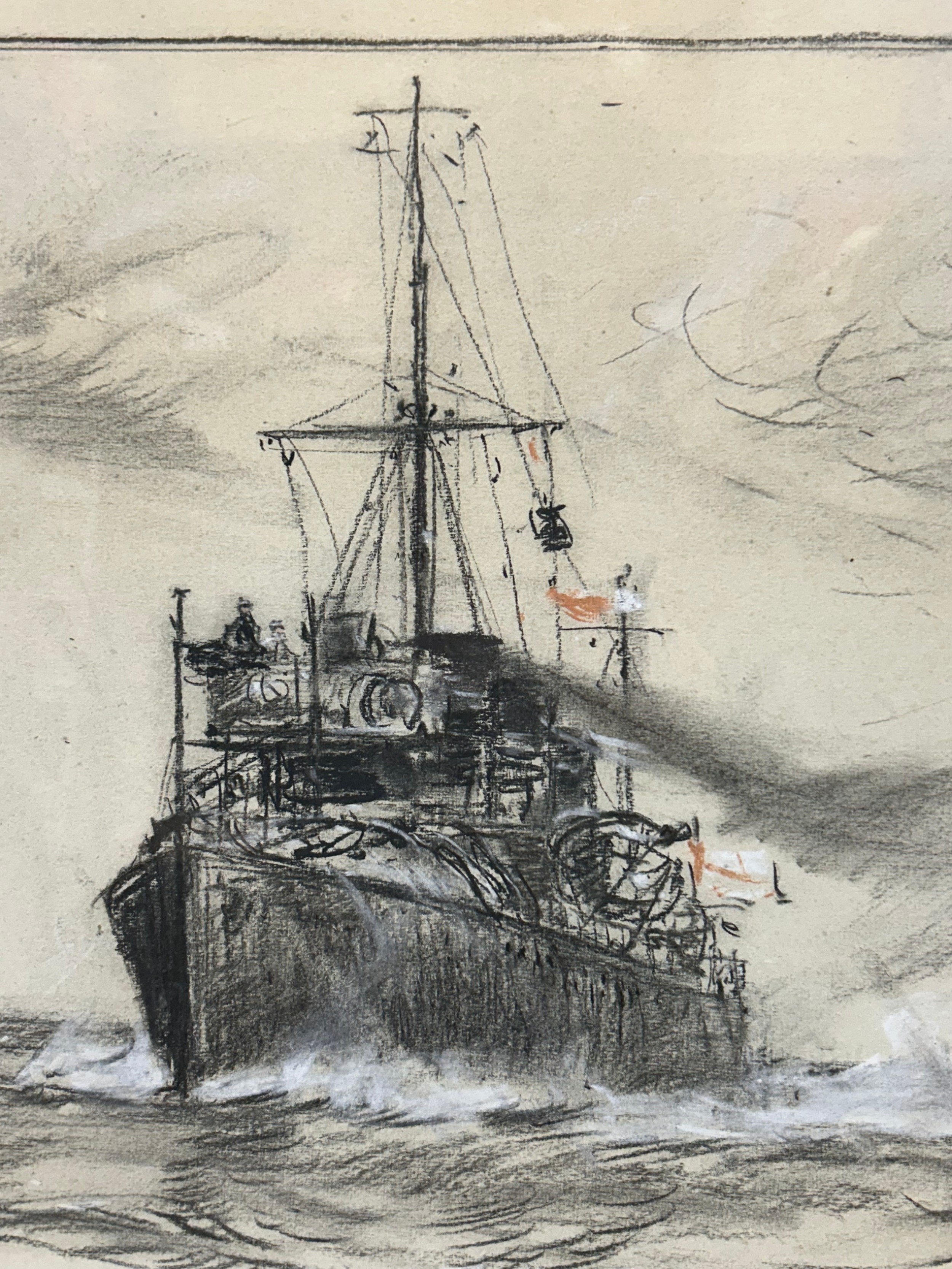 Artwork by Bernard Finegan Gribble, A pastel/ charcoal sketch of two ships and an aeroplane at sea, Made of pastel/ charcoal sketch