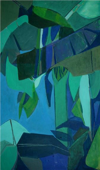 A geometric composition of lush green foliage against a blue background.