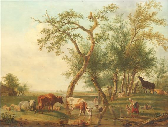 Figures and cattle in a river landscape - Jan Kobell I