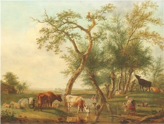 Figures and cattle in a river landscape - Jan Kobell I