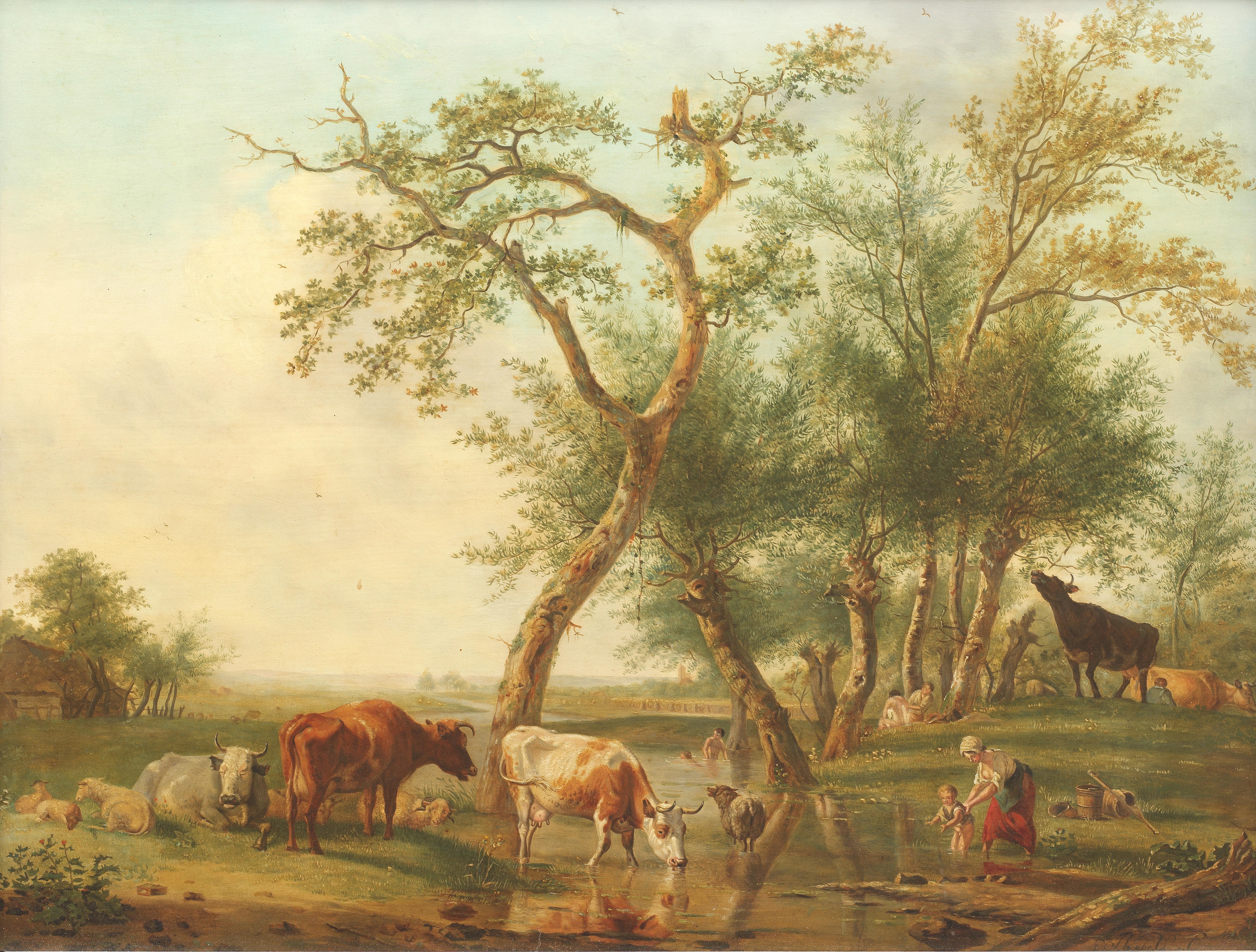Artwork by Jan Kobell I, Figures and cattle in a river landscape, Made of Oil on panel