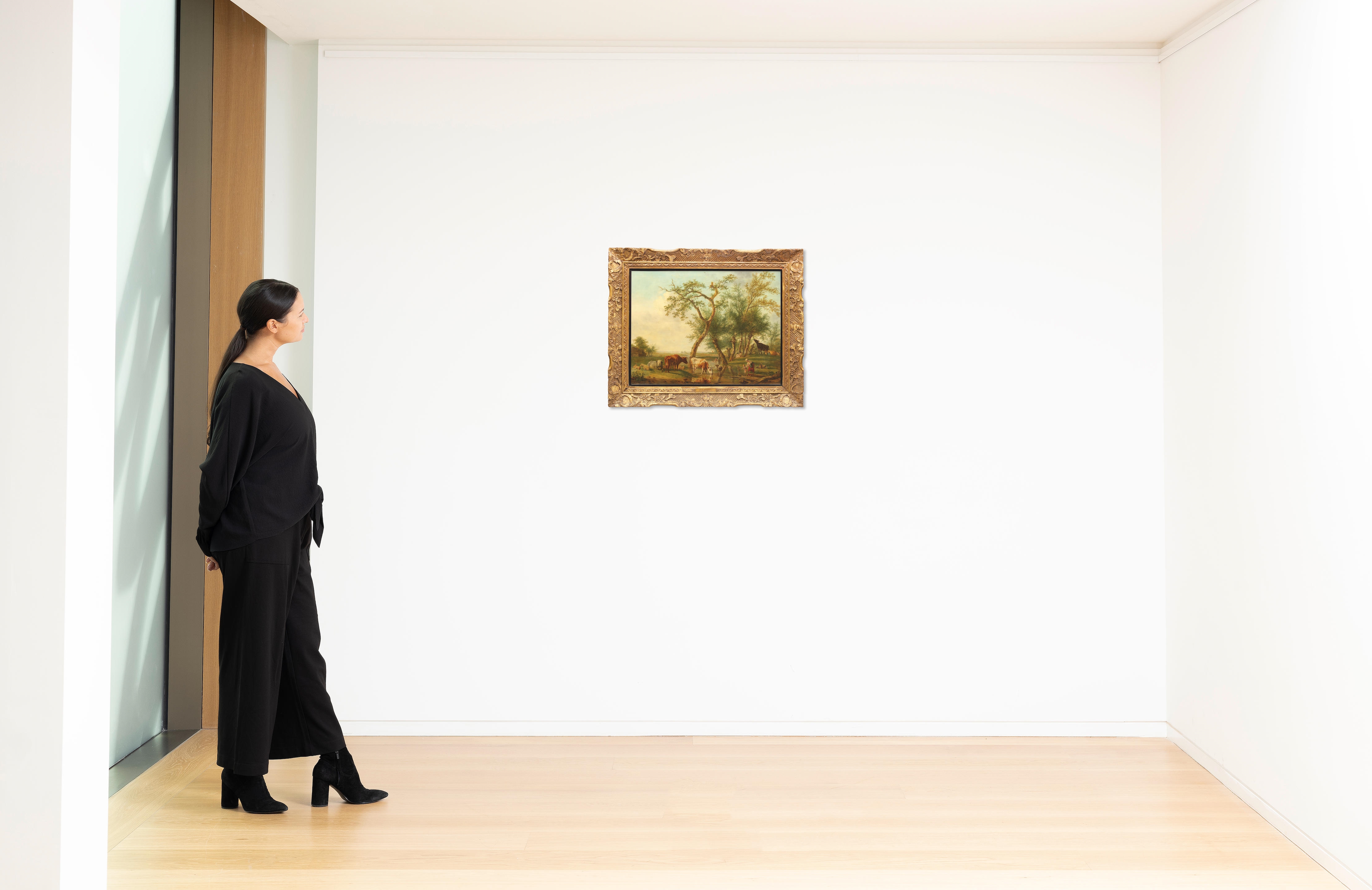 Artwork by Jan Kobell I, Figures and cattle in a river landscape, Made of Oil on panel