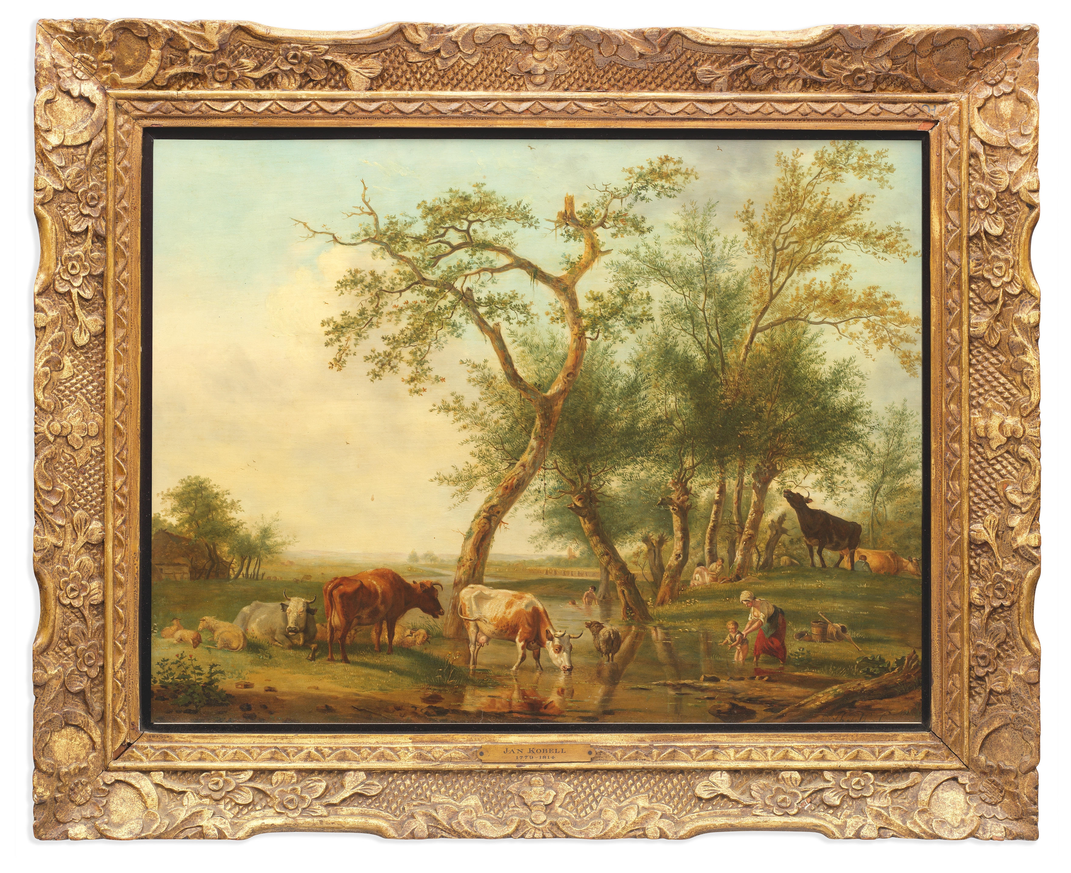 Artwork by Jan Kobell I, Figures and cattle in a river landscape, Made of Oil on panel