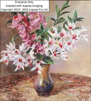 (wien 1896 - 1994 Waidhofen a. d. Ybbs) Blumenstillleben in Vase auf Tisch by Richard Mahler, 1984