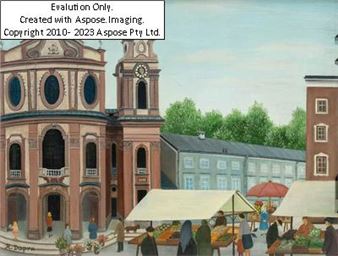 (Bad Hofgastein 1929-2012 Salzburg) Kollegienkirche mit dem Grünmarkt am Universitätsplatz - Regine Dapra