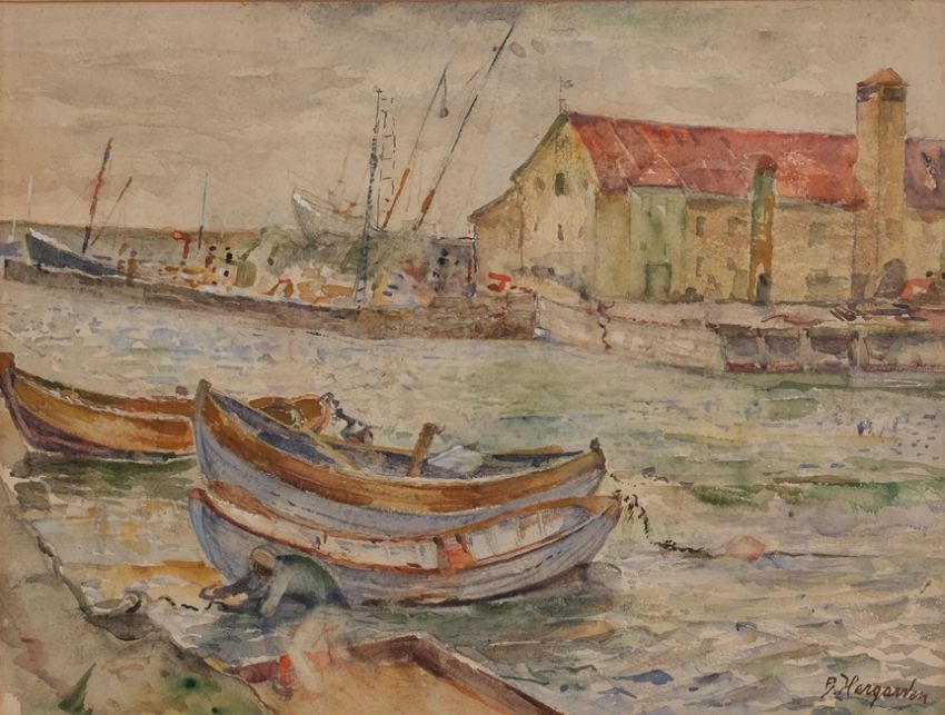 Artwork by Bernhard Hergarden, "Ruderboote im Hafen", Made of watercolour and pencil on paper