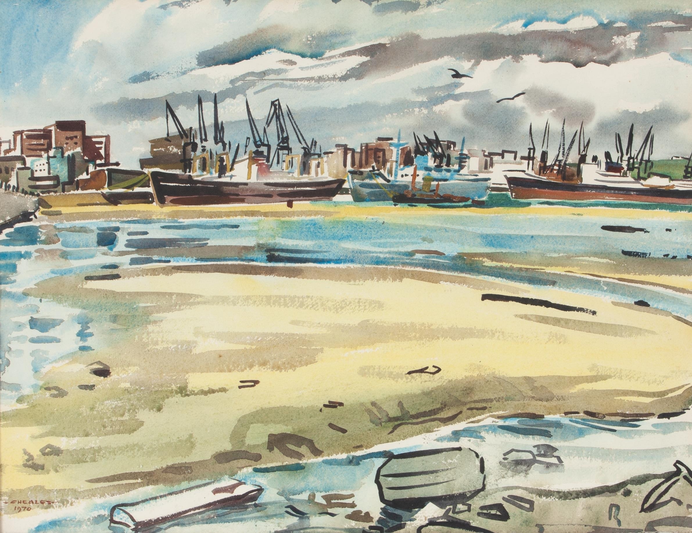 Artwork by Richard Cheales,  SANDBANK WITH HARBOR, Made of watercolour on paper