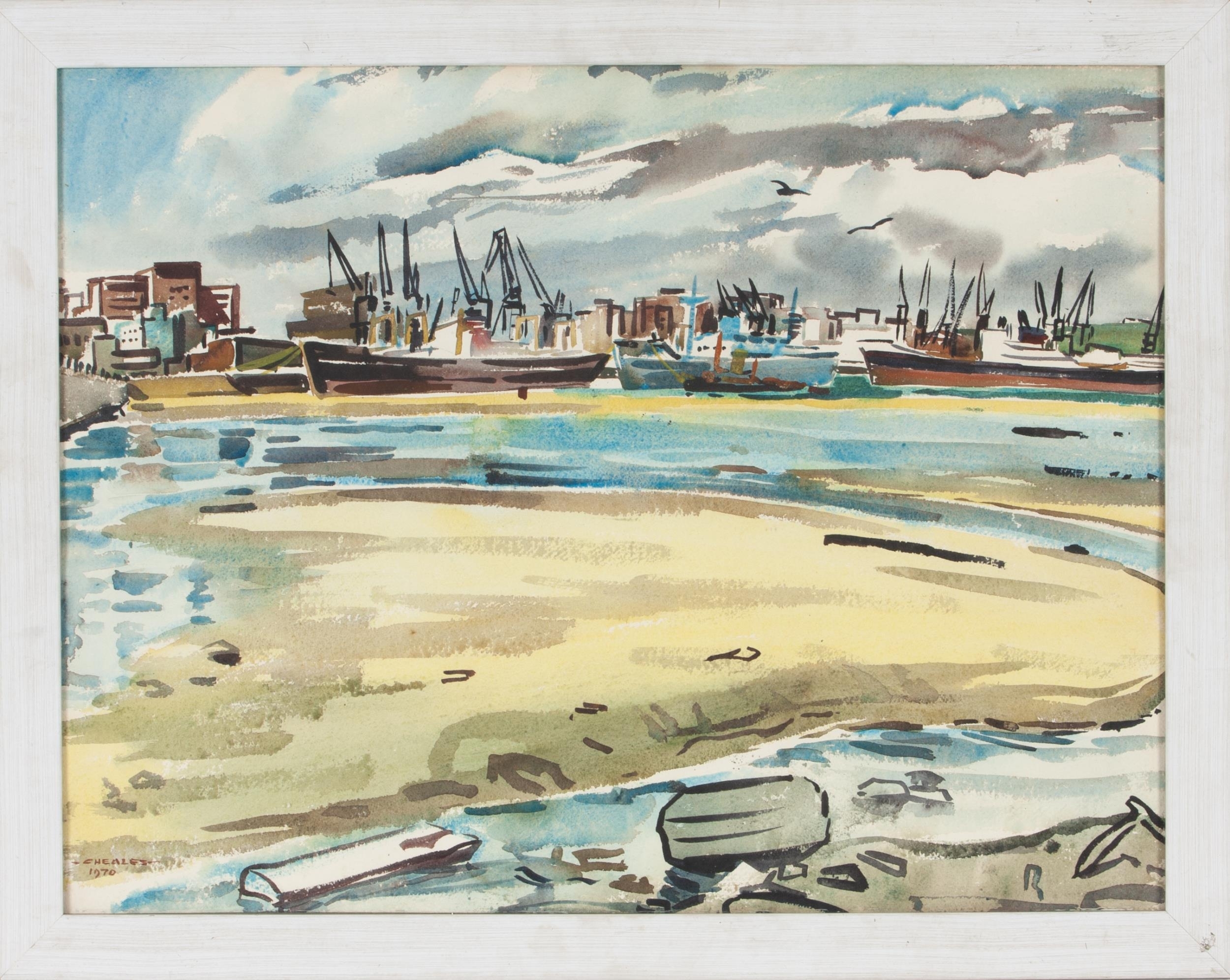 Artwork by Richard Cheales,  SANDBANK WITH HARBOR, Made of watercolour on paper
