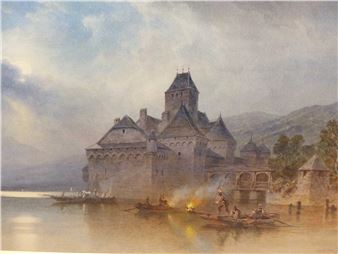 Emil Reick ( fl 1858 -1898) Chateau Chillon ( lake Geneva) under the moonlight with boats on the - Emil Rieck