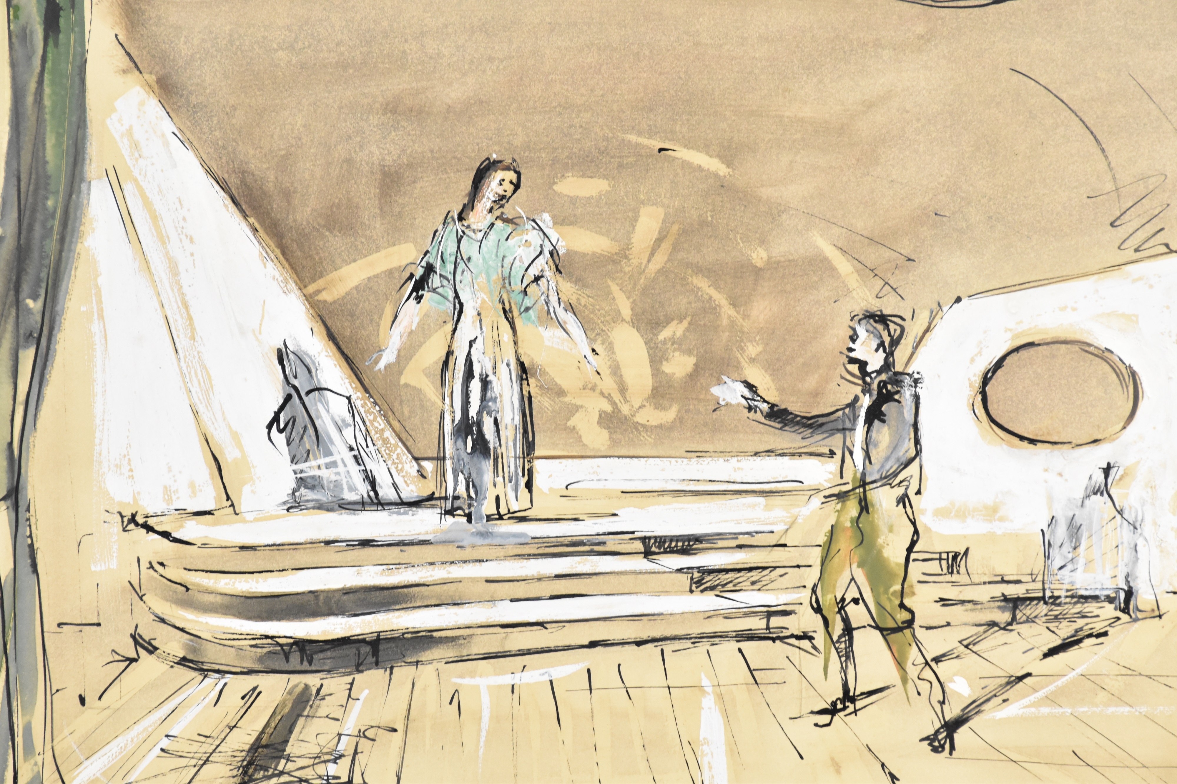 Artwork by Terry McGlynn, Figures on stage, in theatre scene, Made of watercolour