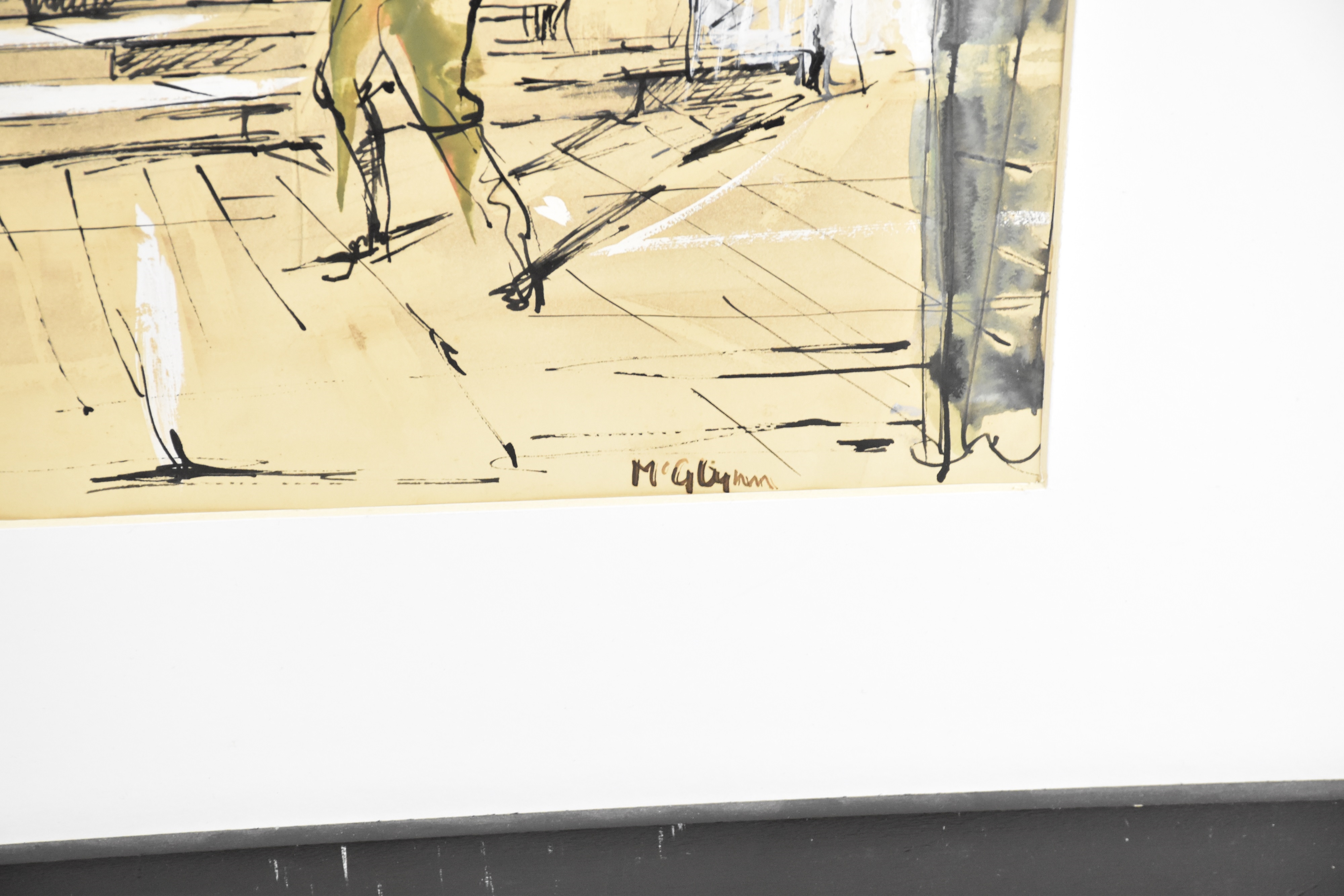 Artwork by Terry McGlynn, Figures on stage, in theatre scene, Made of watercolour