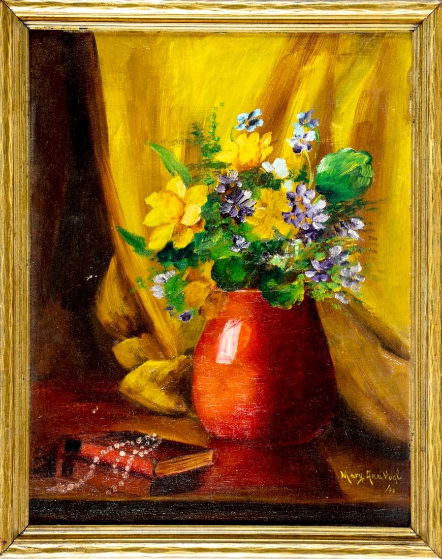 Artwork by Mary Ann Vogl, Still Life with Books and Vase of Flowers, Made of oil on canvas board