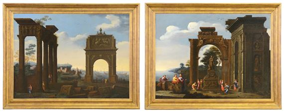 Marines with ancient figures and ruins, one with a scene of worship to the statue of the goddess of Fortune - Gennaro Greco