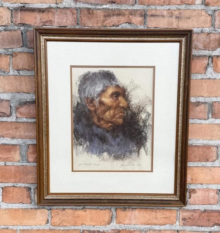 Artwork by Jan Ledbetter, Title is Jose Manuel: Papago. 19 1/2" by 22 1/2" framed. Jan Ledbetter (20/21st century) is active/lives in Virginia. Jan Ledbetter is known for Mod figure watercolor painting, Made of watercolor painting, illustration