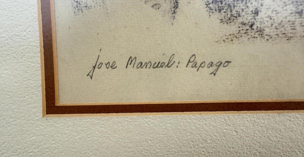 Artwork by Jan Ledbetter, Title is Jose Manuel: Papago. 19 1/2" by 22 1/2" framed. Jan Ledbetter (20/21st century) is active/lives in Virginia. Jan Ledbetter is known for Mod figure watercolor painting, Made of watercolor painting, illustration