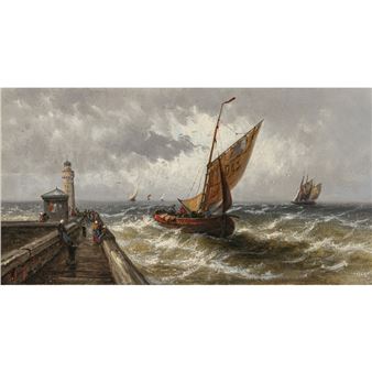 Sailing boats in front of a harbour pier in an approaching - G. Seifert