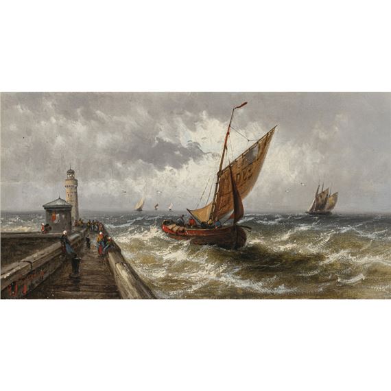 Sailing boats in front of a harbour pier in an approaching by G. Seifert, Ende 19. Jh