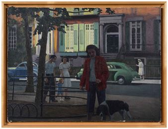 A street scene painting featuring a man with a dog in the foreground and a family group in the background.