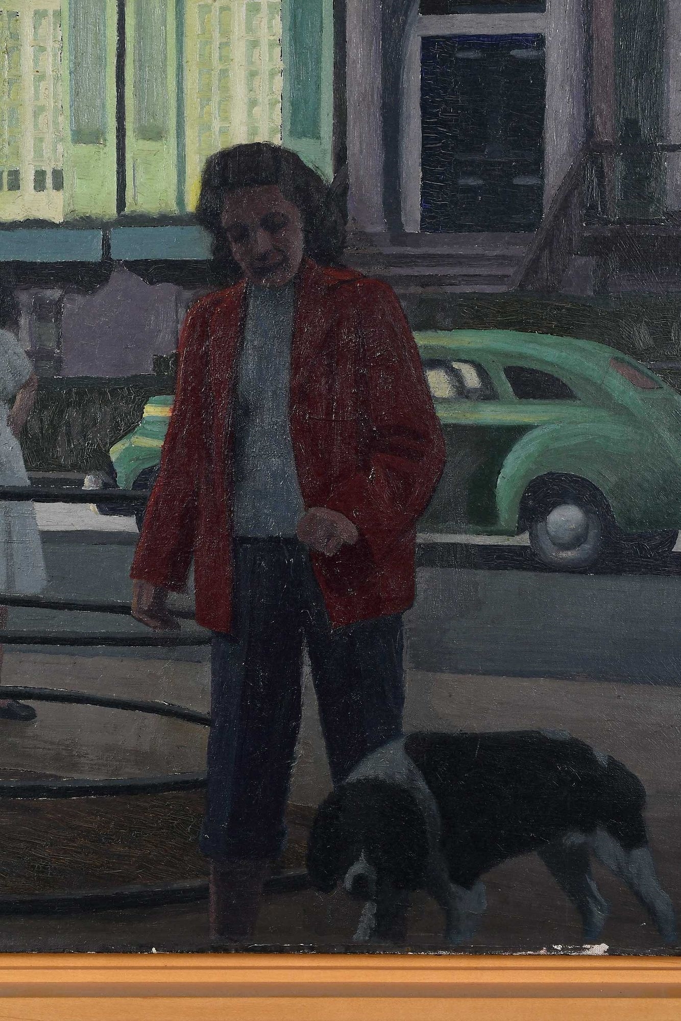 A street scene painting featuring a man with a dog in the foreground and a family group in the background.
