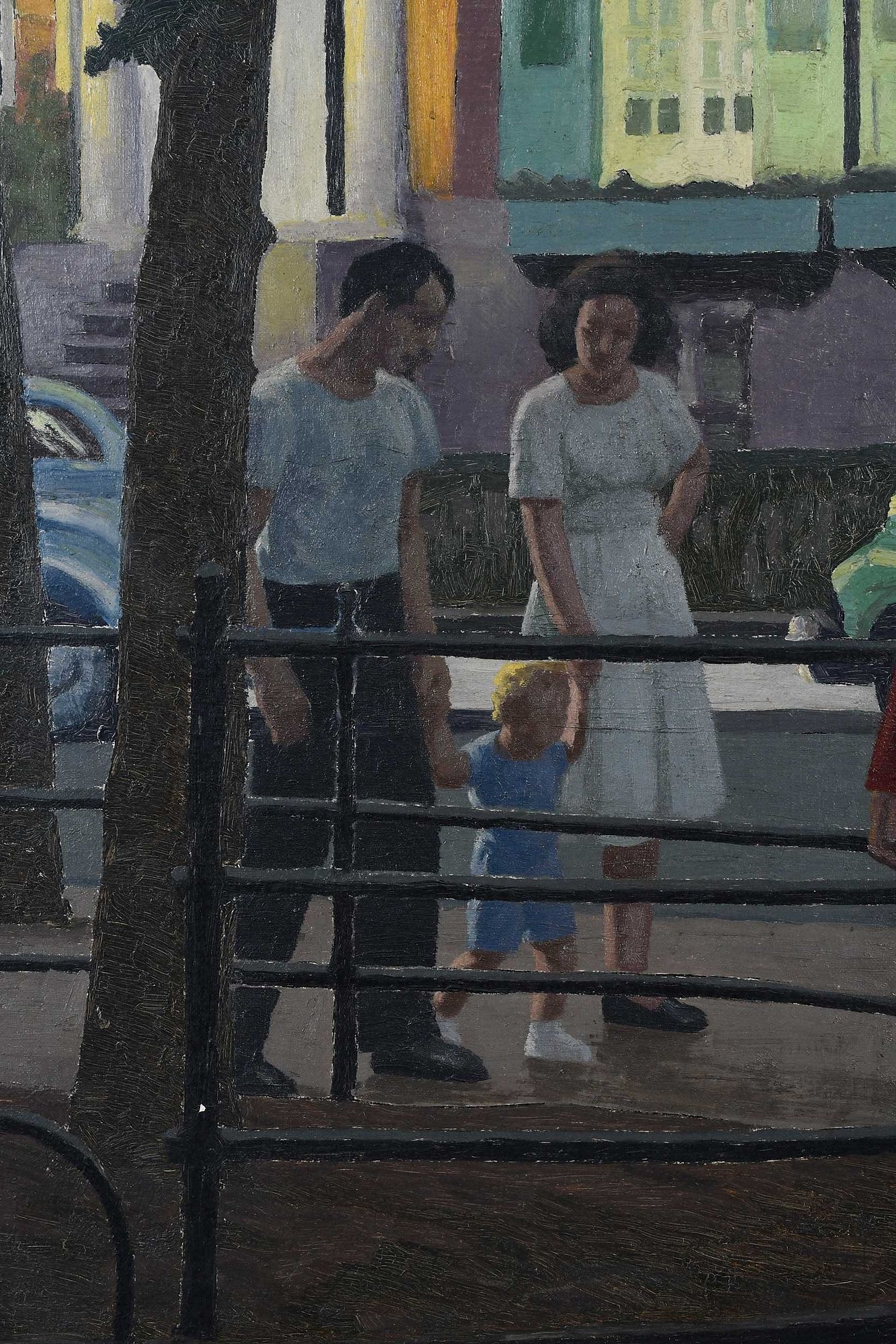 A street scene painting featuring a man with a dog in the foreground and a family group in the background.