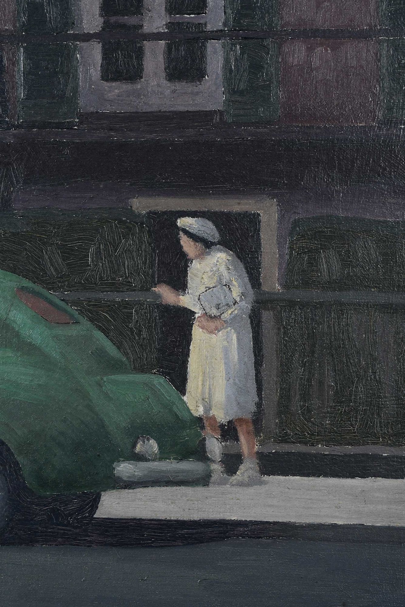A street scene painting featuring a man with a dog in the foreground and a family group in the background.