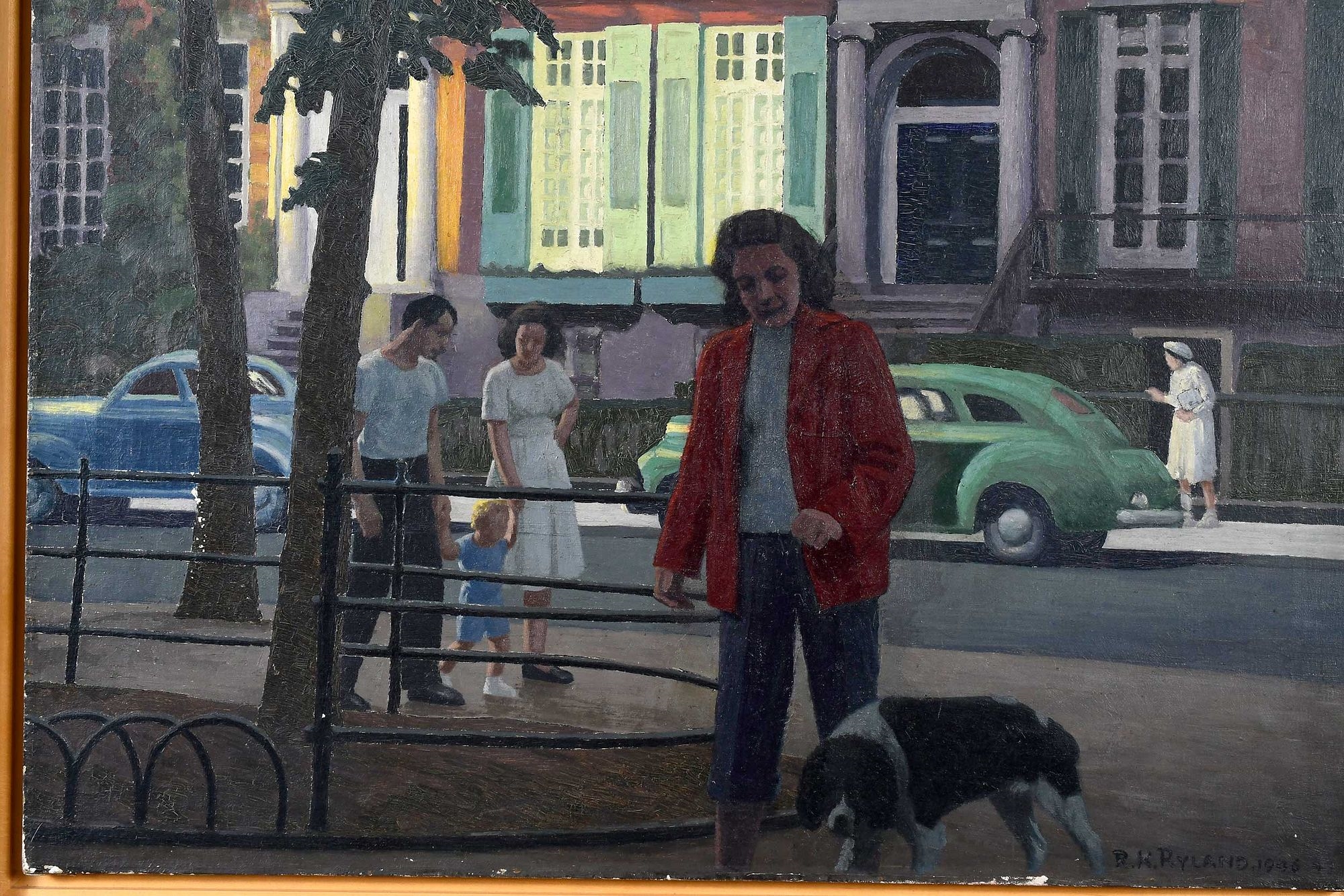 A street scene painting featuring a man with a dog in the foreground and a family group in the background.