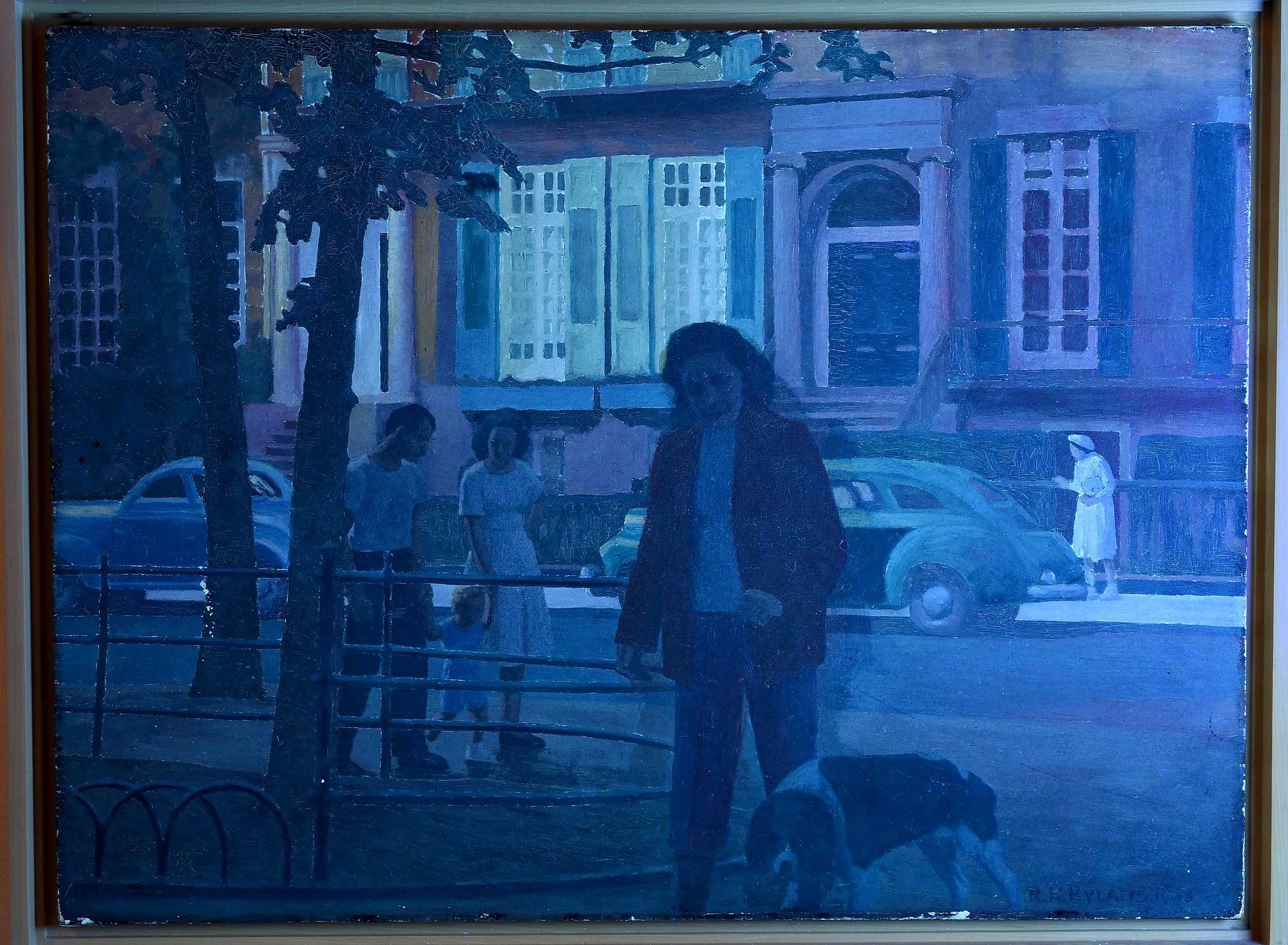 A street scene painting featuring a man with a dog in the foreground and a family group in the background.
