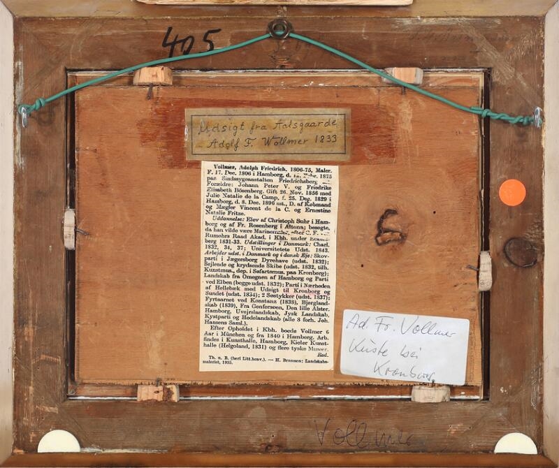 Artwork by Adolf Friedrich Vollmer, View from Aalsgaarde, in the background Kronborg castle, Made of Oil on canvas laid on wood