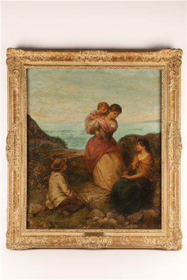 A classical oil painting of a woman holding a child, seated with two other figures on a rocky coastal landscape.