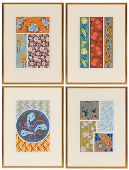 A set of four textlie design printed on paper and in gilt frames. 59 x 45cm - Auguste H. Thomas