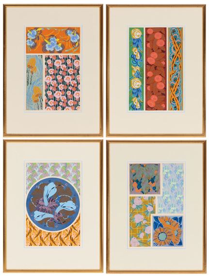 A set of four textlie design printed on paper and in gilt frames. 59 x 45cm - Auguste H. Thomas