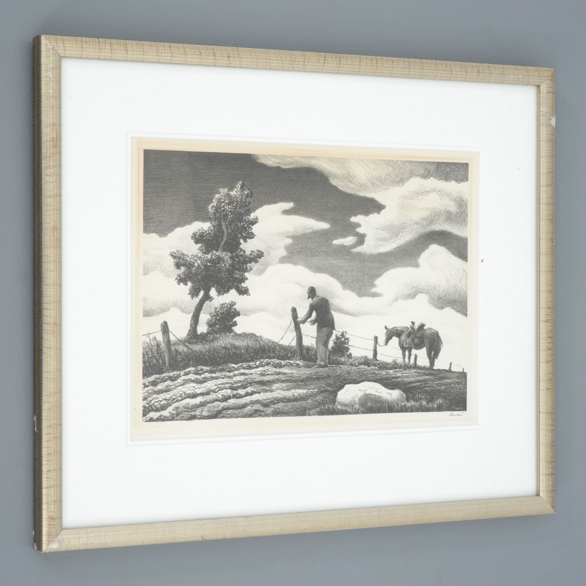 Artwork by Thomas Hart Benton‏, Thomas Hart Benton THE FENCE MENDER Lithograph, Made of lithograph