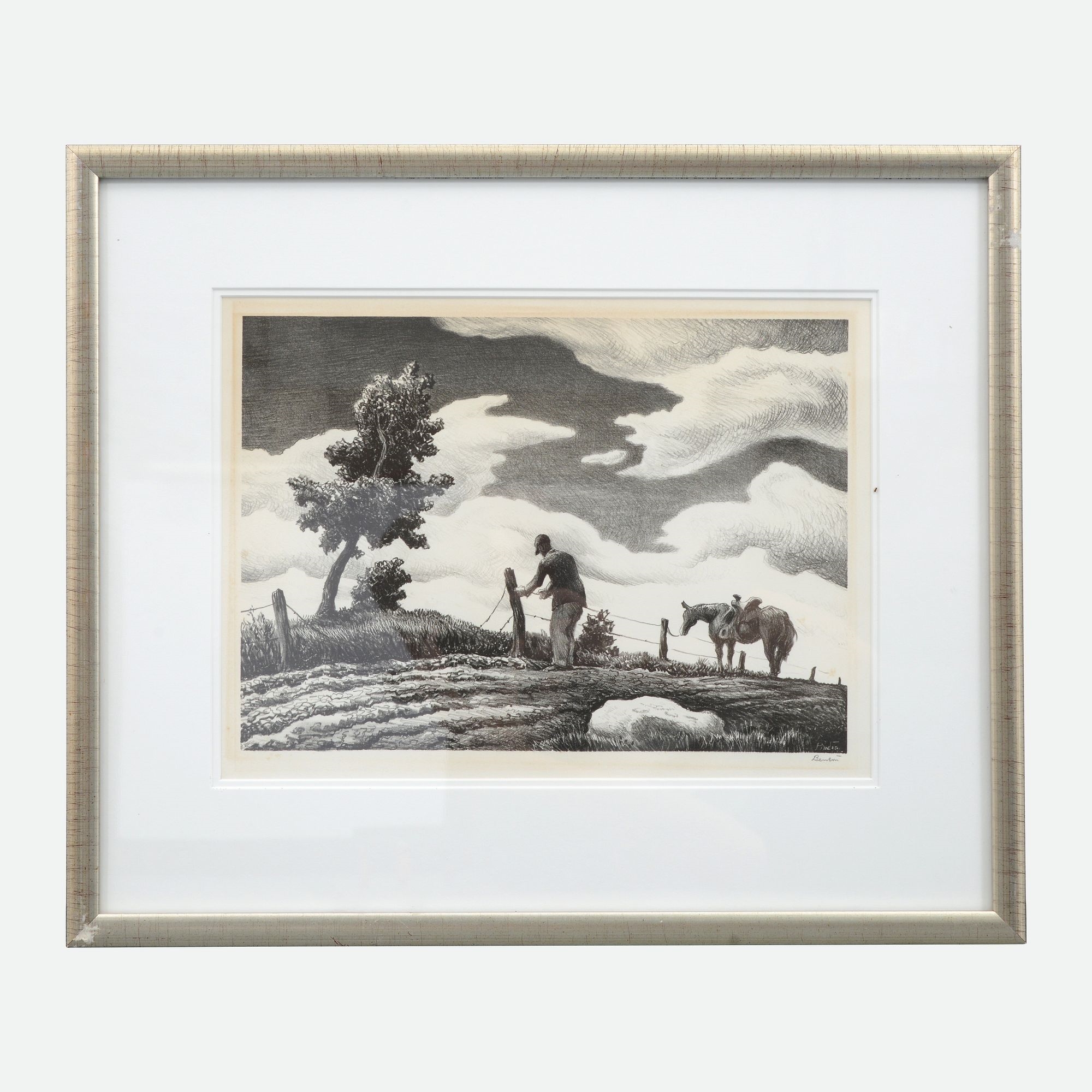 Artwork by Thomas Hart Benton‏, Thomas Hart Benton THE FENCE MENDER Lithograph, Made of lithograph