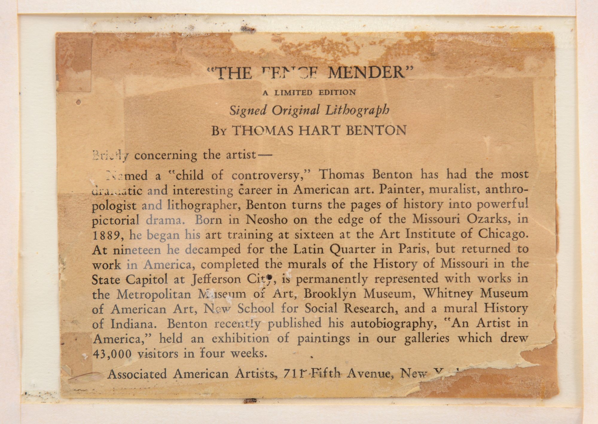 Artwork by Thomas Hart Benton‏, Thomas Hart Benton THE FENCE MENDER Lithograph, Made of lithograph