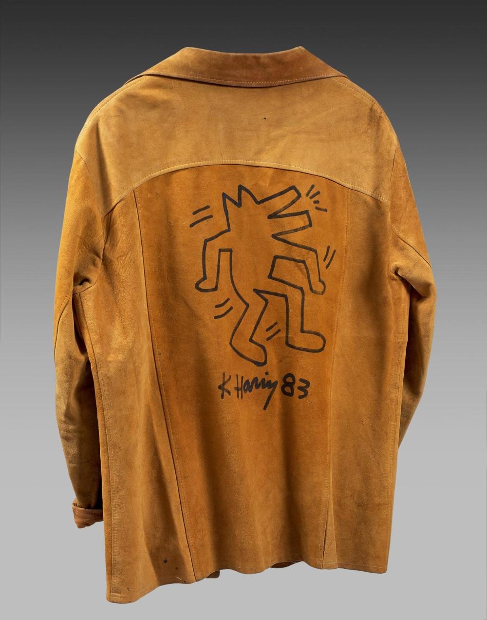 Artwork by Keith Haring, Suede jacket with a drawing on the back (drawn by the artist during the Montreux Jazz Festival, Made of black marker on suede jacket