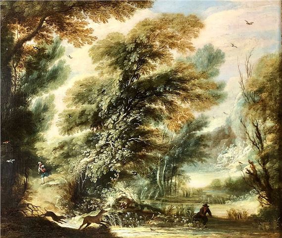 Landscape with hunters and Dogs chasing a Deer by Alexander Keirincx