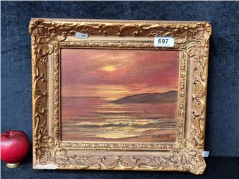 Seascape with mountains in the distance, as the sun peaks through the clouds - Rita Henchy