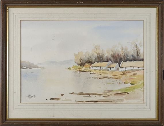 A serene watercolor landscape of a riverside village with simple houses nestled among trees.