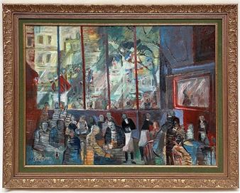 ) Interior of a lively café Oil on canvas, signed lower left 54 x 73 cm (Contresigned with black felt - Robert Meredieu