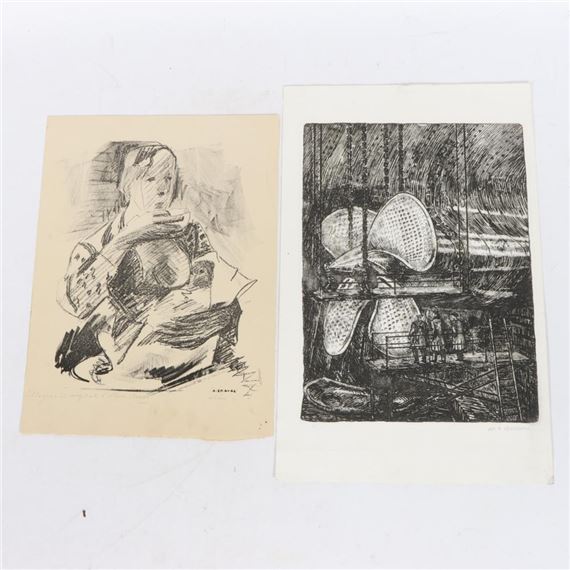 Pair of 20th century prints: Albert Chavaz (Swiss, 1907-1990), Mother and child, lithograph; M.T. Brown (British, 20th century), Mounting the propeller of a large ship, etching on thick paper 14 3/4"H x 9 1/4"W (Largest) by Albert Chavaz, 20th century