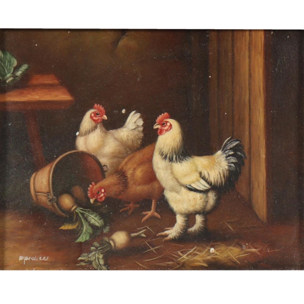 Artwork by Robert Grace, traditional chickens/hens in a barnyard with vegetable basket, Made of oil on board