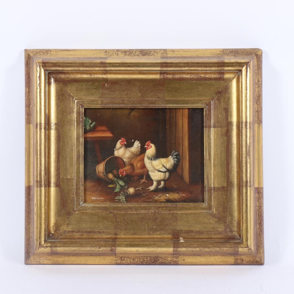 Artwork by Robert Grace, traditional chickens/hens in a barnyard with vegetable basket, Made of oil on board