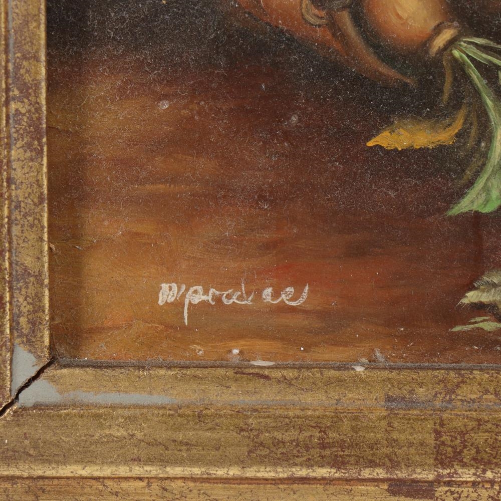 Artwork by Robert Grace, traditional chickens/hens in a barnyard with vegetable basket, Made of oil on board