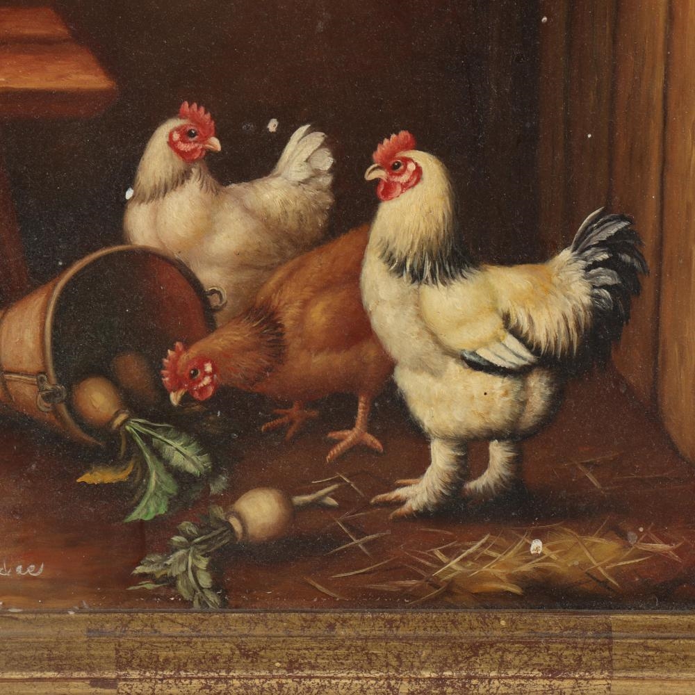 Artwork by Robert Grace, traditional chickens/hens in a barnyard with vegetable basket, Made of oil on board