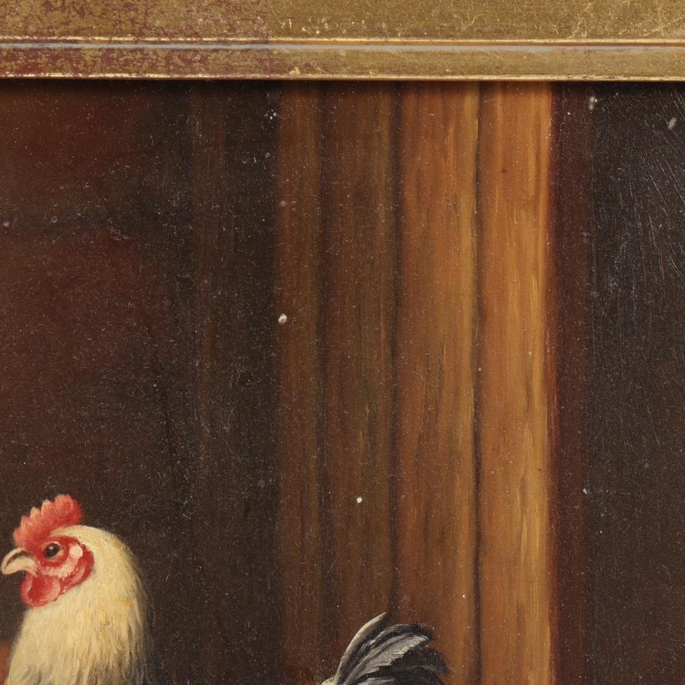 Artwork by Robert Grace, traditional chickens/hens in a barnyard with vegetable basket, Made of oil on board