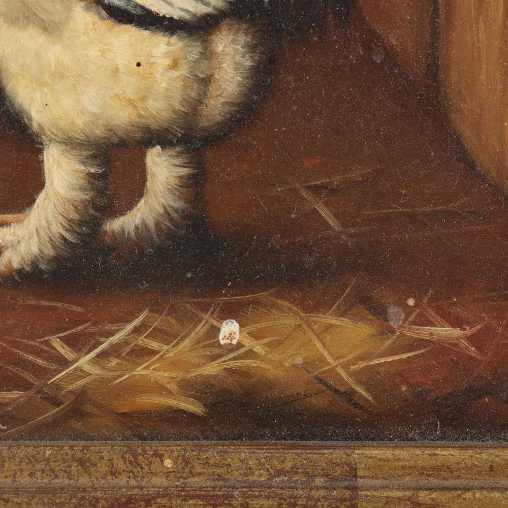 Artwork by Robert Grace, traditional chickens/hens in a barnyard with vegetable basket, Made of oil on board