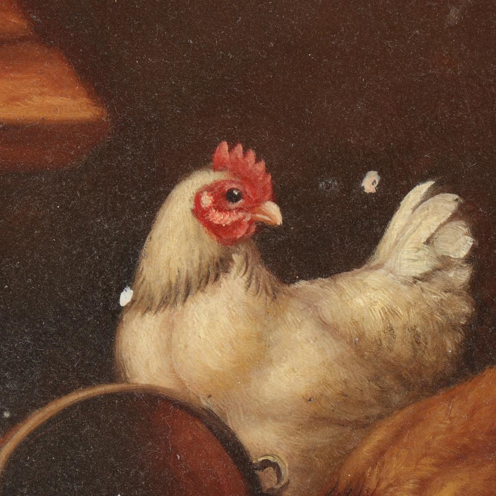 Artwork by Robert Grace, traditional chickens/hens in a barnyard with vegetable basket, Made of oil on board